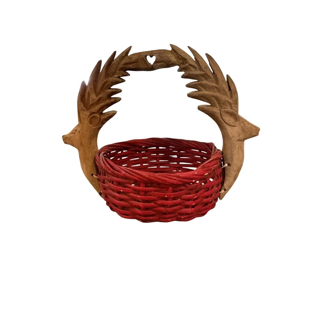 Vintage Hand Carved Wood Deer Handle Red Wicker Basket Rustic Folk Art 15x12x8.5